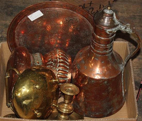 Brass kettle, brass chamberstick, 3 Middle Eastern copper bowls, copper plate and 2 Middle Eastern tinned copper wine flagons